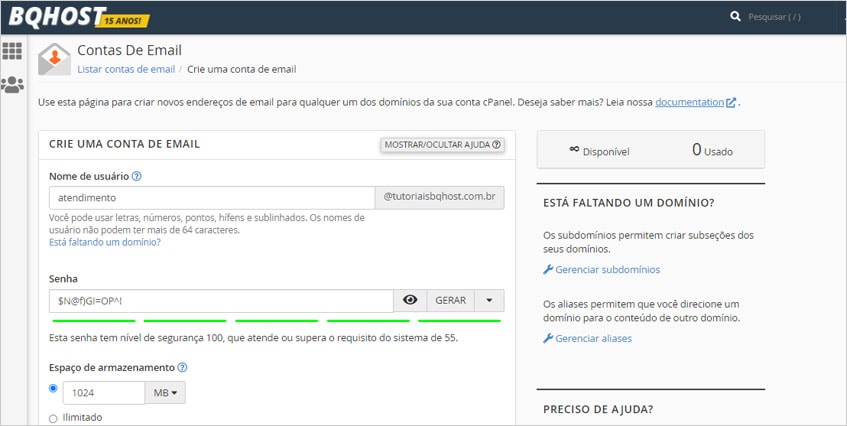 Criar contas de email no cPanel