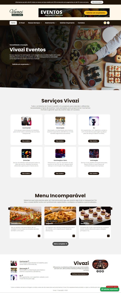 Página inical modelo Vivazi - Site para empresas de eventos, buffet infantil ou adulto e casa de festas