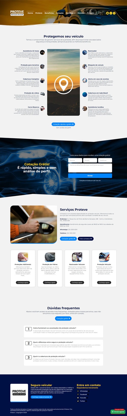 Página inicial completa Proteve - Site para empresas de seguro e cooperativas de proteção veicular