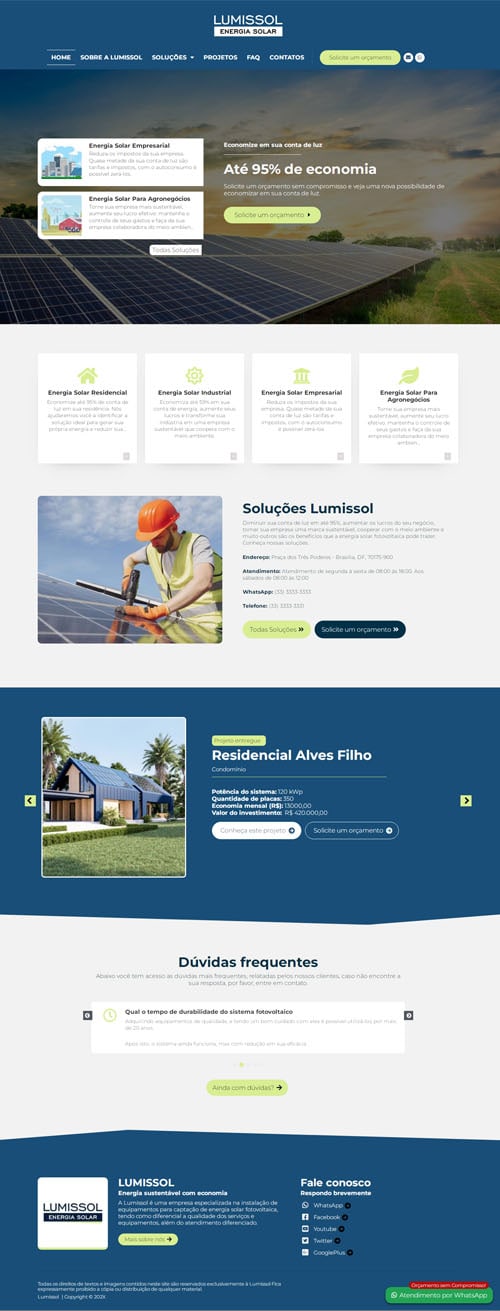 Página inicial completa modelo Lumissol - Site para empresas de Energia Solar Fotovoltaica