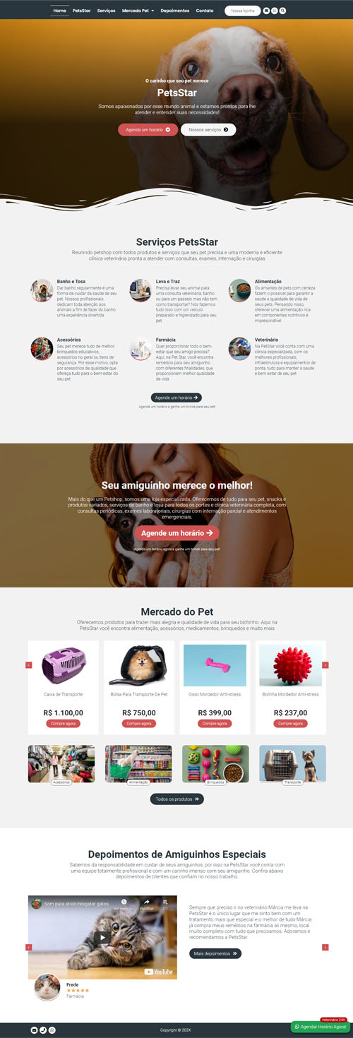 Página inicial completa modelo PetsStar - Site para petshops, veterinários autônomos e clinicas veterinárias