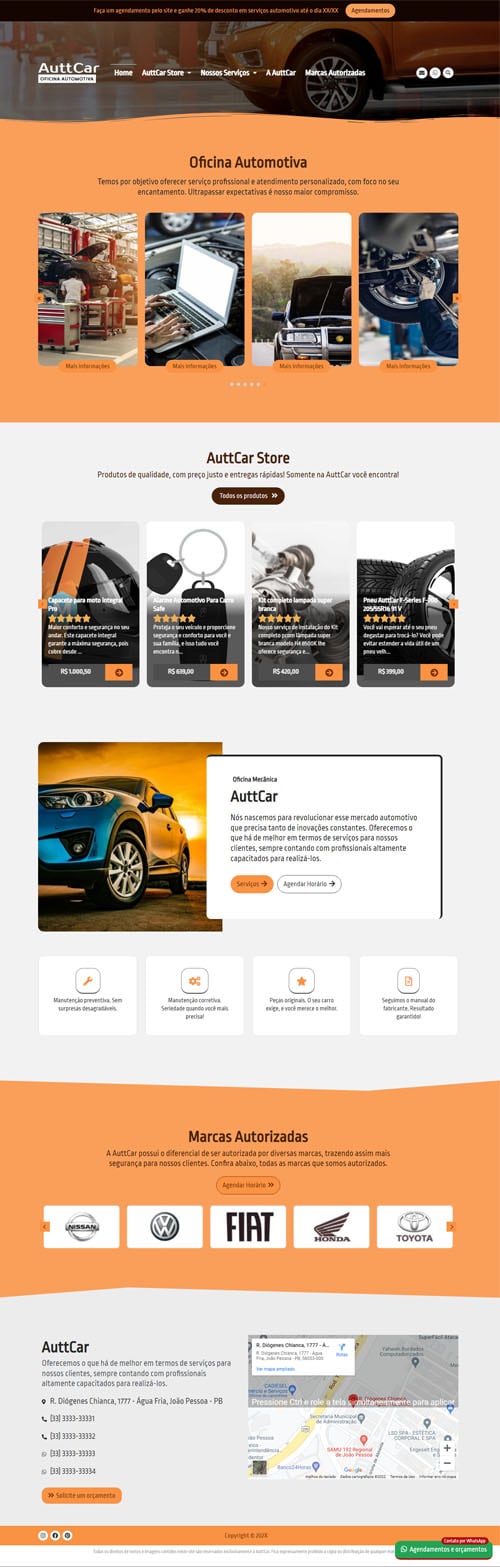 Página inicial completa modelo de site AuttCar - Site para oficinas mecânicas automotivas, mecânicos autônomos e loja de autopeças