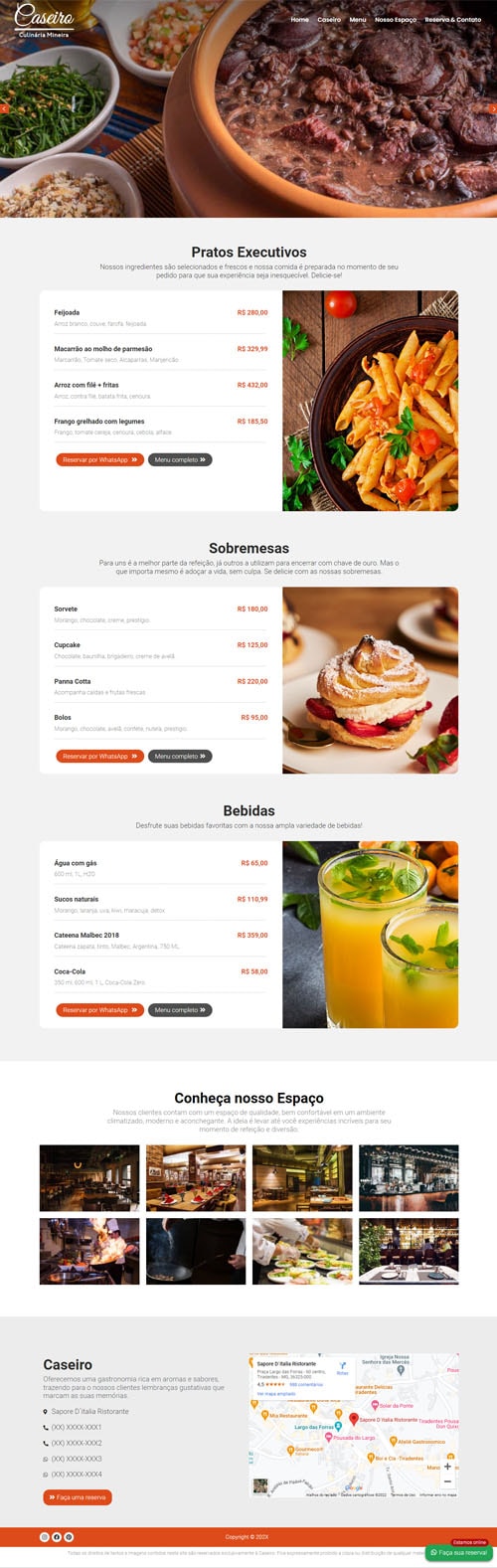Página inicial modelo Caseiro - Site para Restaurante, pizzaria, churrascaria, lanchonete e hamburgueria