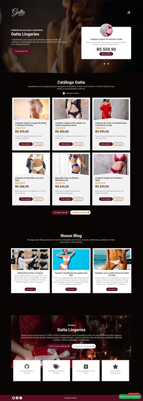 Página inicial modelo Gatta - Site para representantes de moda íntimas, lingeries, roupas e peças íntimas