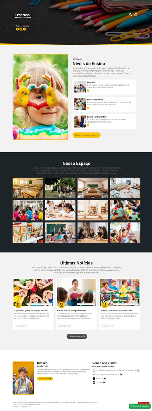 Página inicial modelo Intescol - Site educacional para escolas particulares, colégios, creche, centros de ensino e escolas infantis
