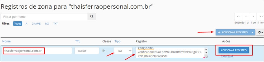 Registrar uma zona TXT no cPanel